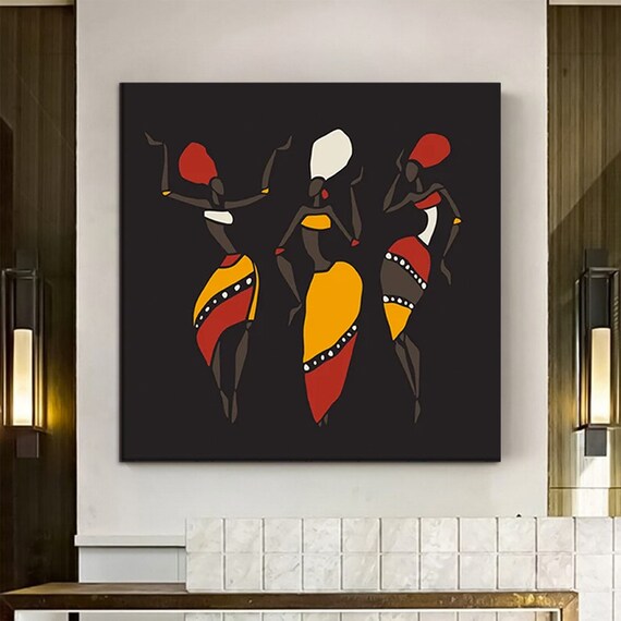 African Tribal Women Dancing Red Yellow Stylized Folk Art Poster
