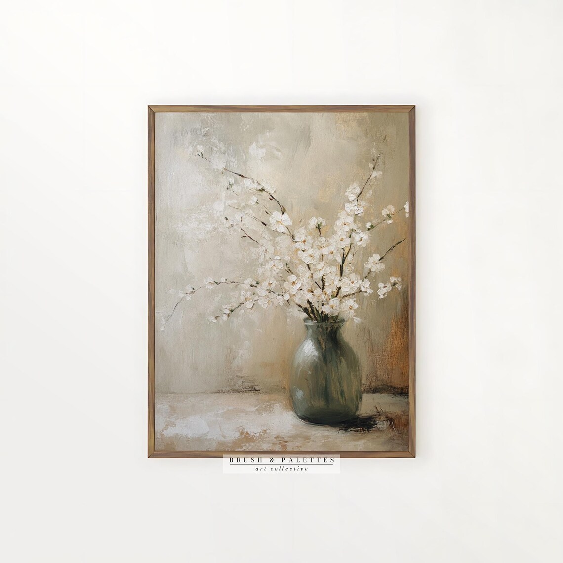White Blossom Stems in Green Glass Vase Neutral Still Life Poster