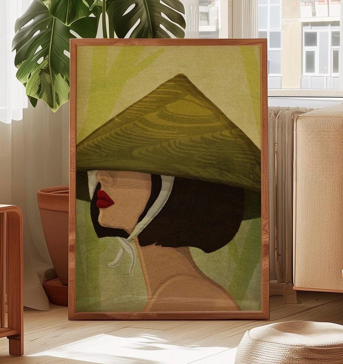 Asian Woman in Green Conical Hat Profile Illustration Poster