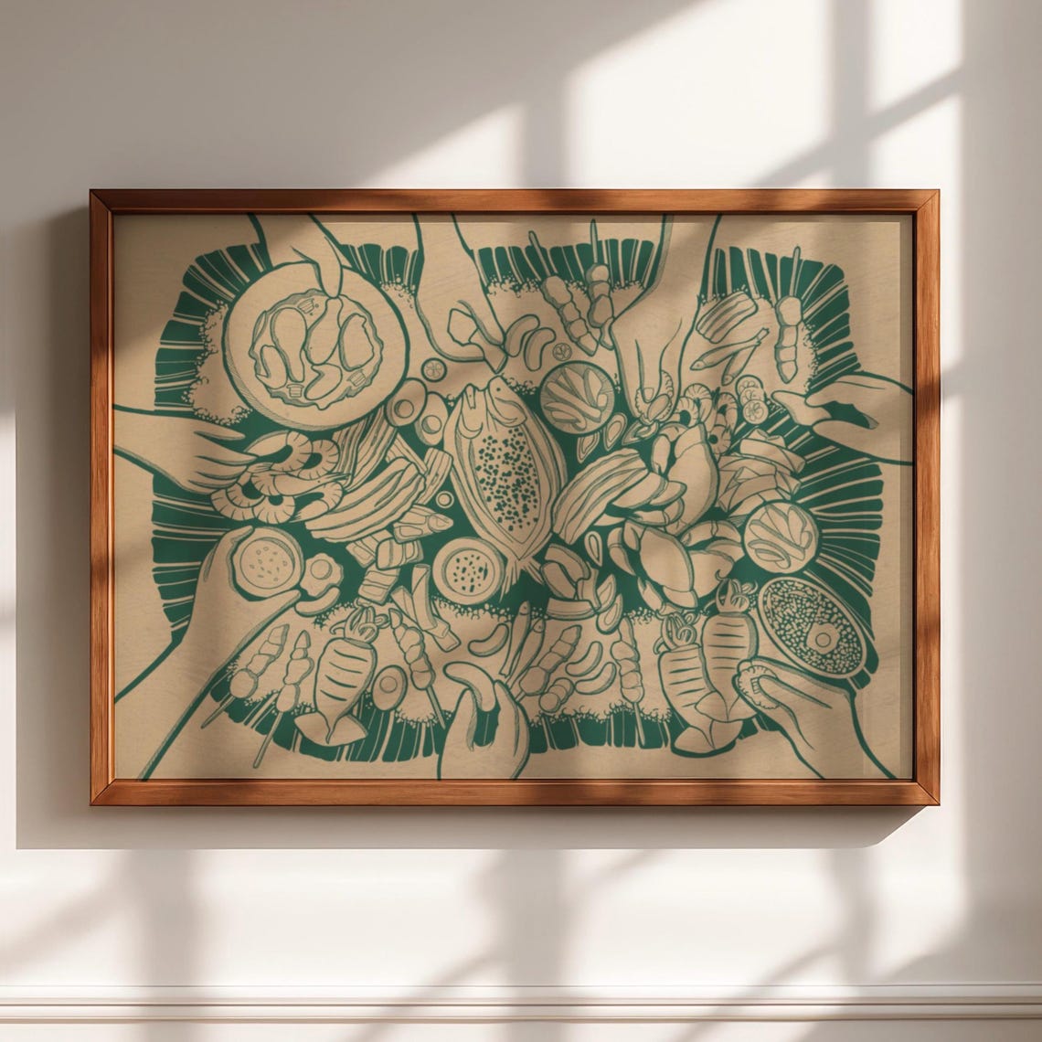 Shared Green Line Art Tropical Feast Gathering Kitchen Wall Print