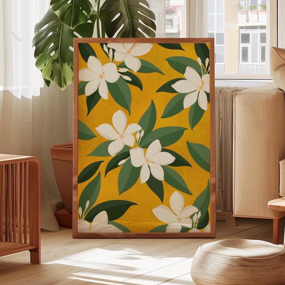 Sampaguita White Jasmine Tropical Flowers Mustard Yellow Art Poster