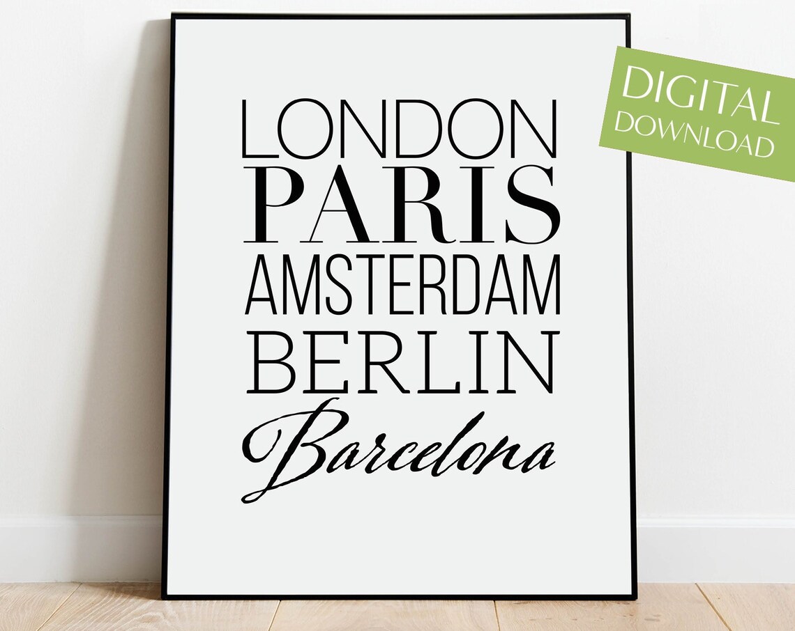 European Cities Typography Poster London Paris Berlin Travel Art