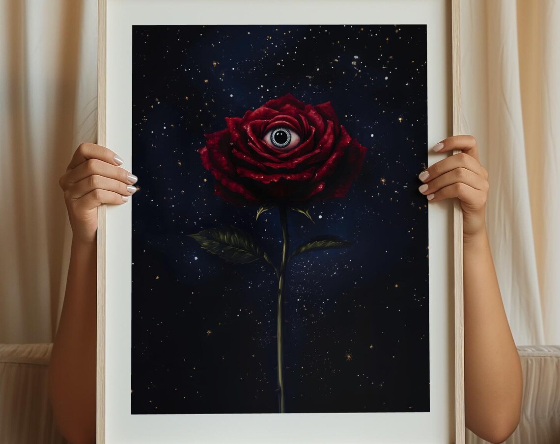 Surreal Red Rose With All Seeing Eye Dark Gothic Floral Art Poster - Image 3