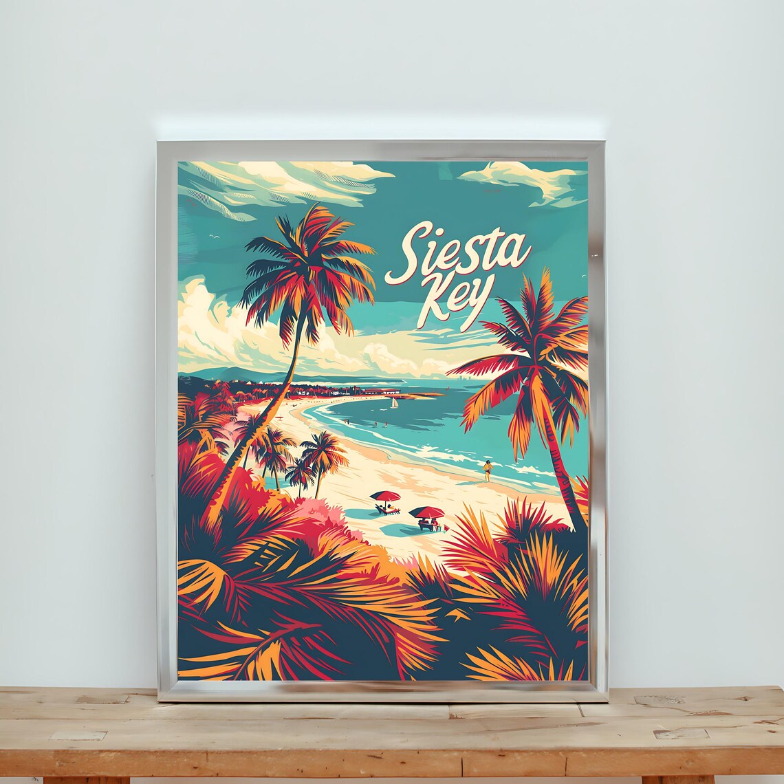 Siesta Key Tropical Palm Beach Shoreline Vintage Travel Poster