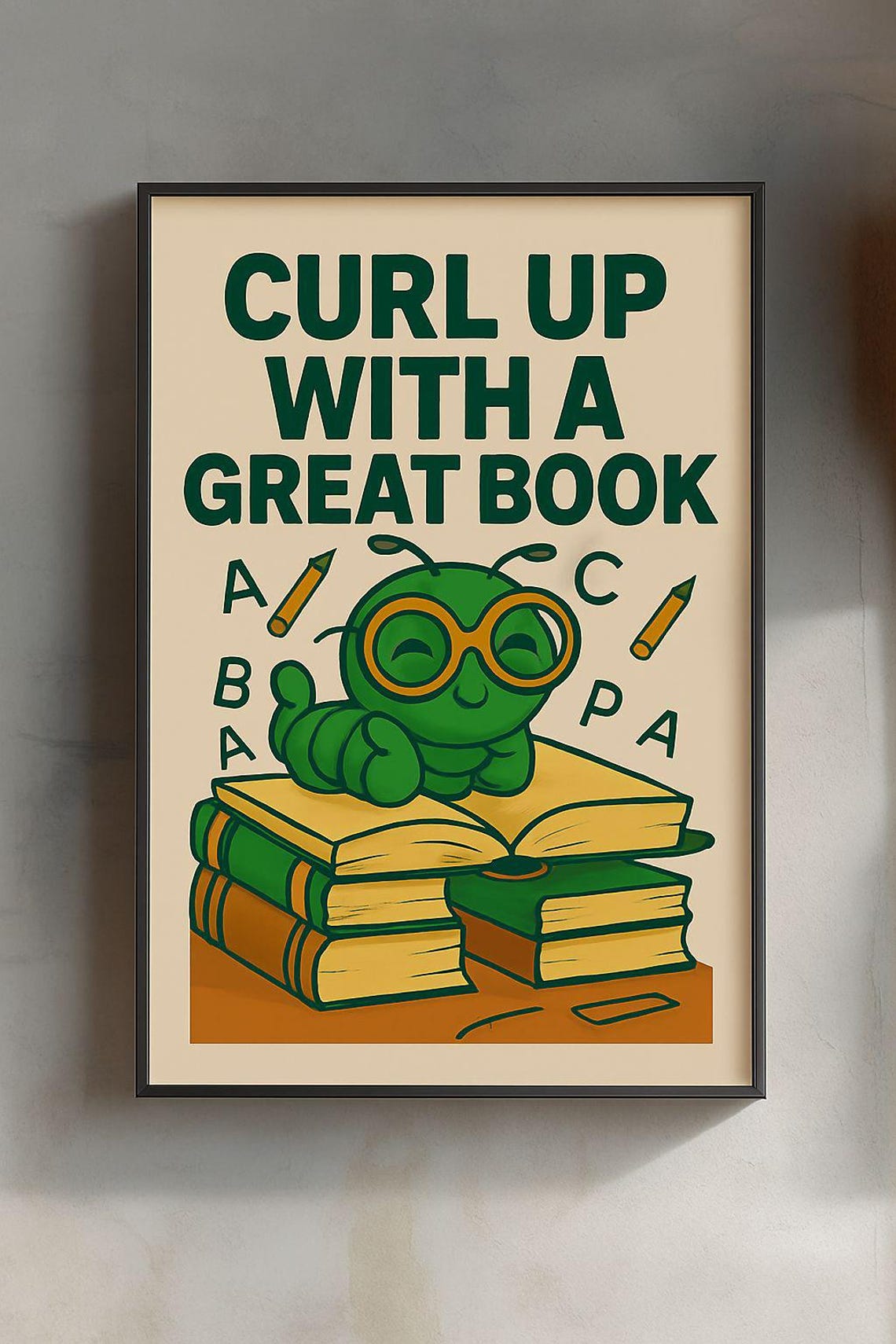 Curl Up With A Great Book Cute Bookworm Cartoon Kids Fun Poster