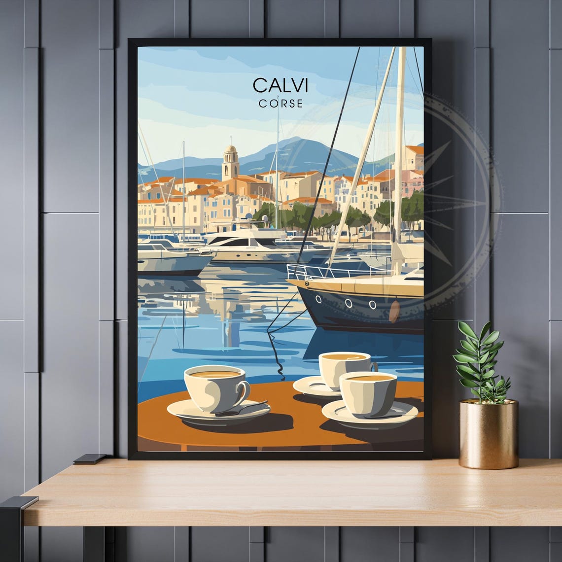 Calvi Corsica Marina Sailboats Harbor Illustration Travel Poster