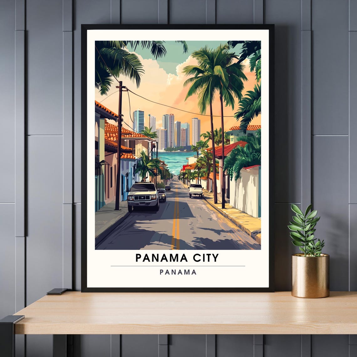 Panama City Panama Travel Poster Palm Street Ocean View in Vintage Wall Decor