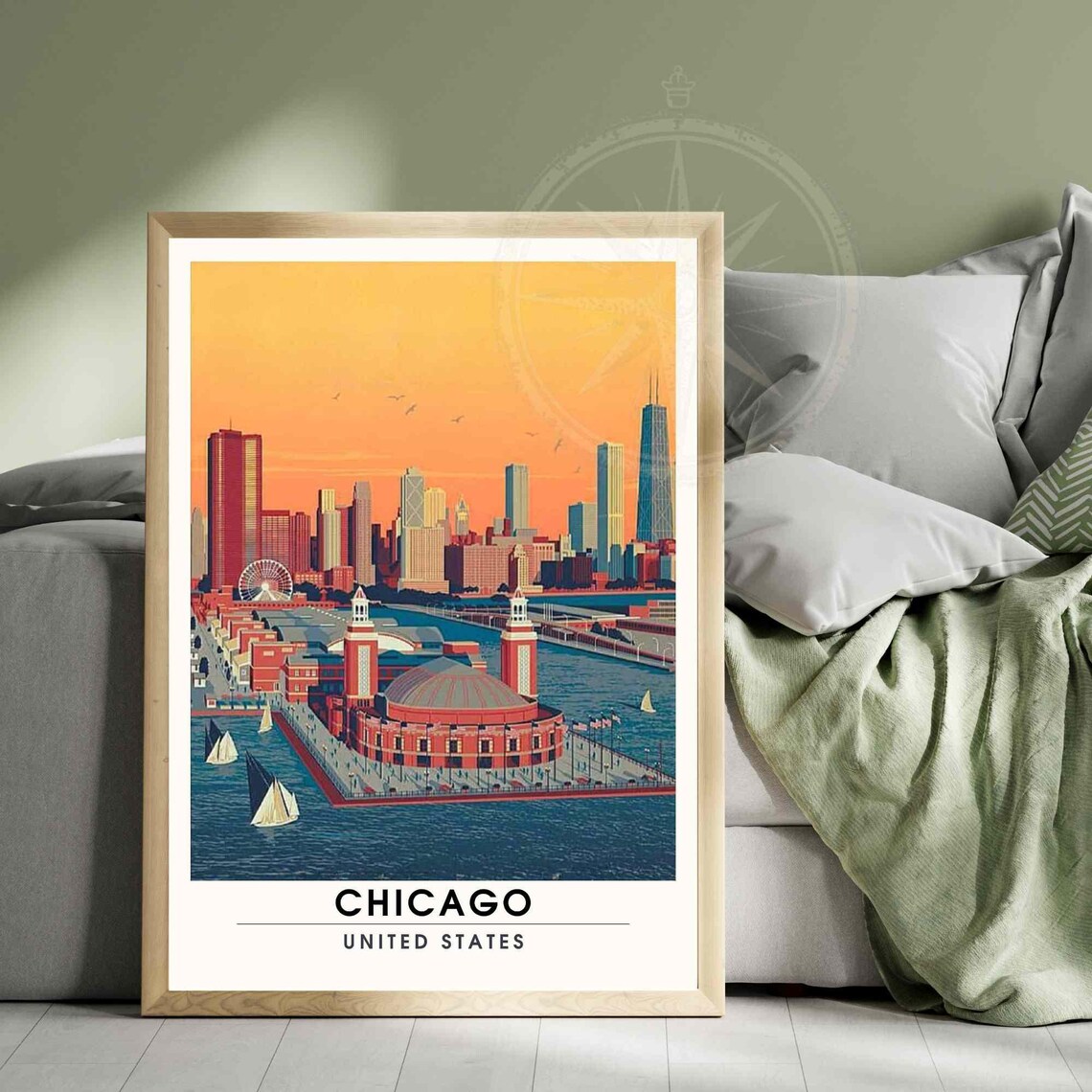 Chicago United States Navy Pier Skyline Sunset Vintage Travel Poster - Image 3
