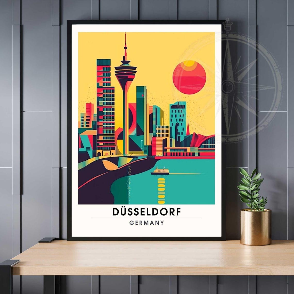 Düsseldorf Colorful Pop Art Rheinturm River Germany Travel Poster