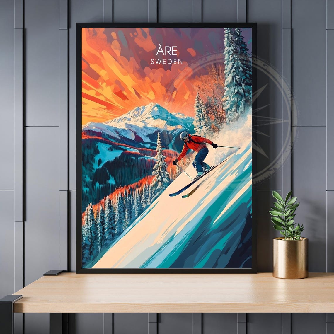 Åre Sweden Downhill Skier Fiery Sunset Slope Vintage Ski Poster