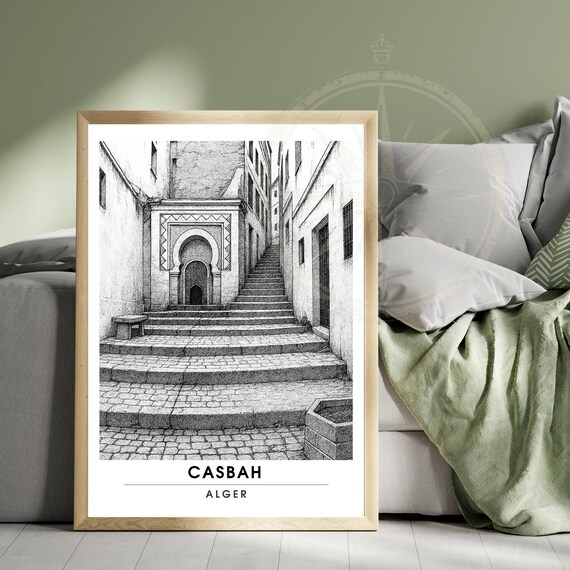 Casbah Alger Historic Stone Staircase Ink Sketch Alley Art Poster