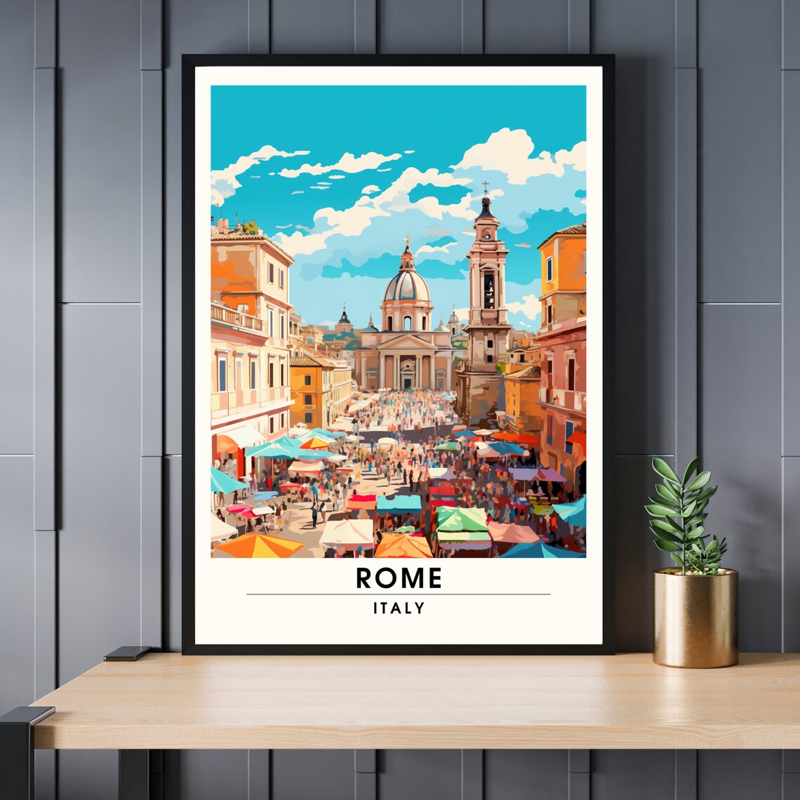 Rome Italy Piazza Crowd Church Dome Umbrellas Vintage Travel Poster
