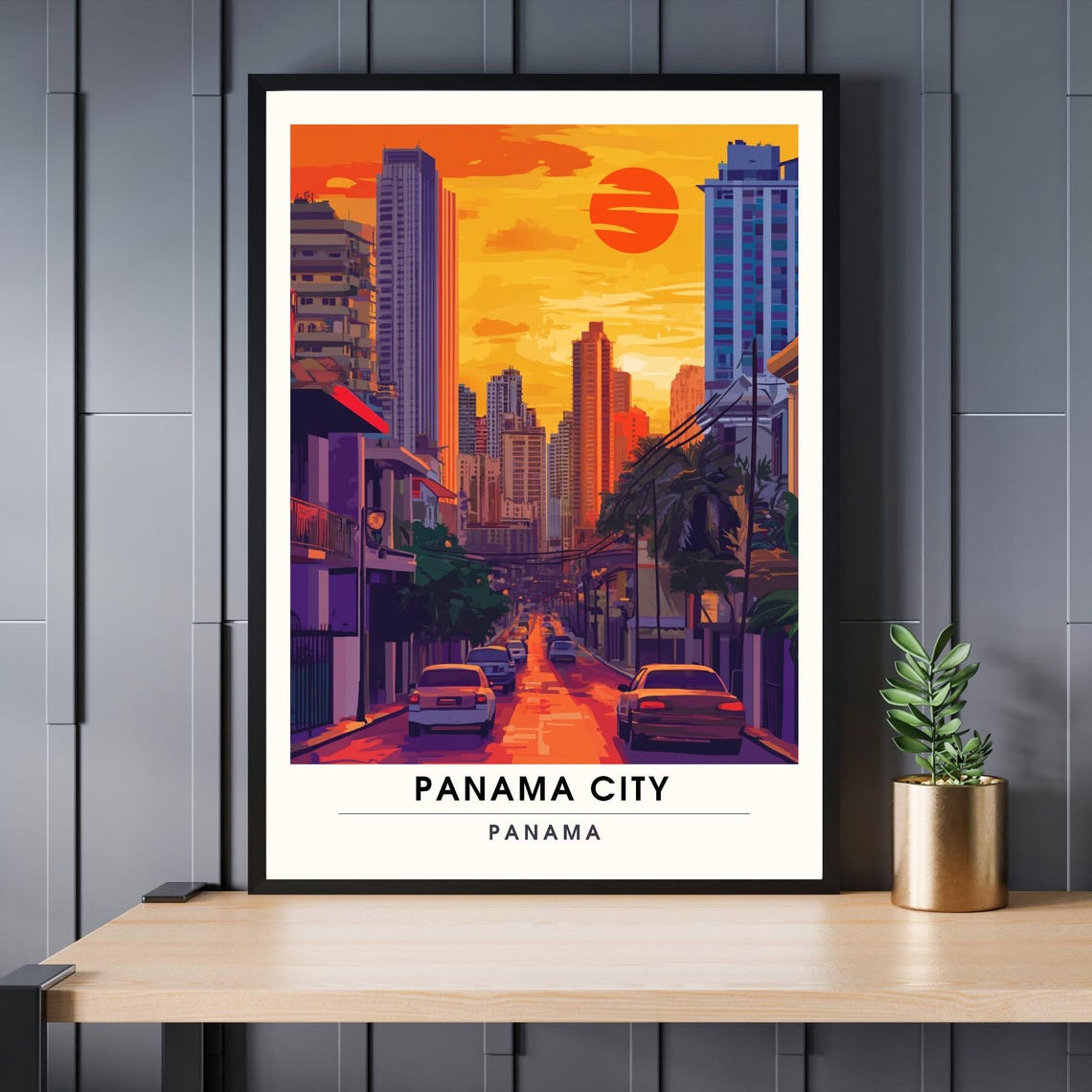 Panama City Panama Sunset Poster Urban Skyline Orange Sky in Vintage Style