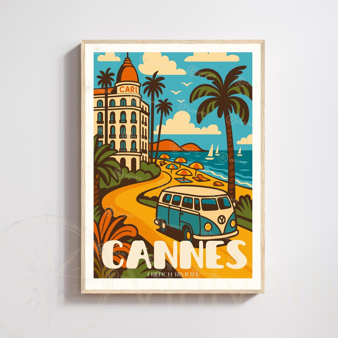 Cannes French Riviera Retro 70s Travel Poster Vintage Van Beach