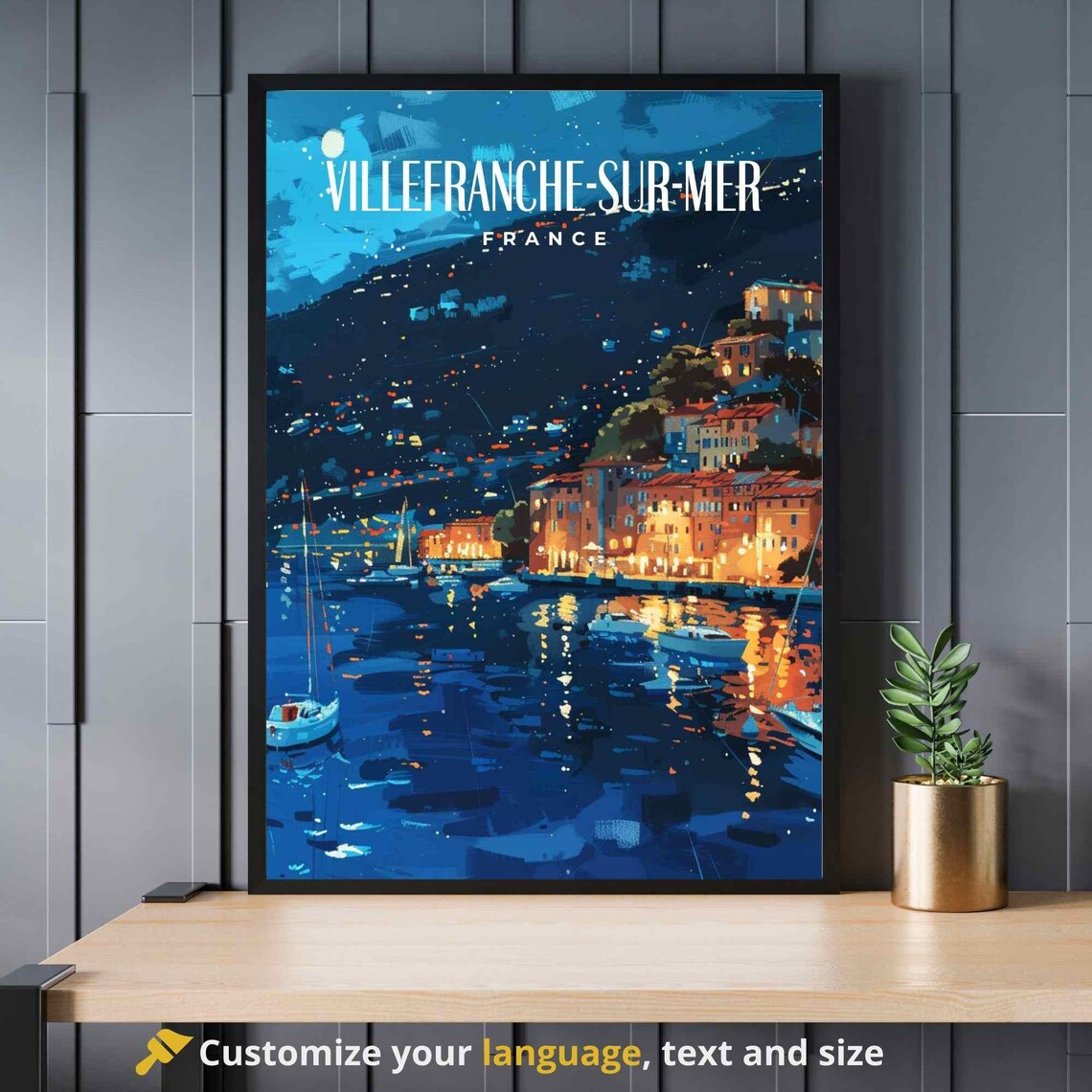 Villefranche-sur-Mer France Night Harbor Moonlit Boats Travel Poster