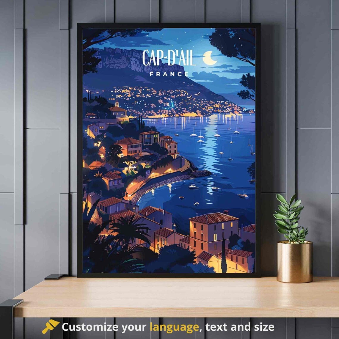 Cap d Ail France Night Harbor Moon Coastal Town Riviera Poster