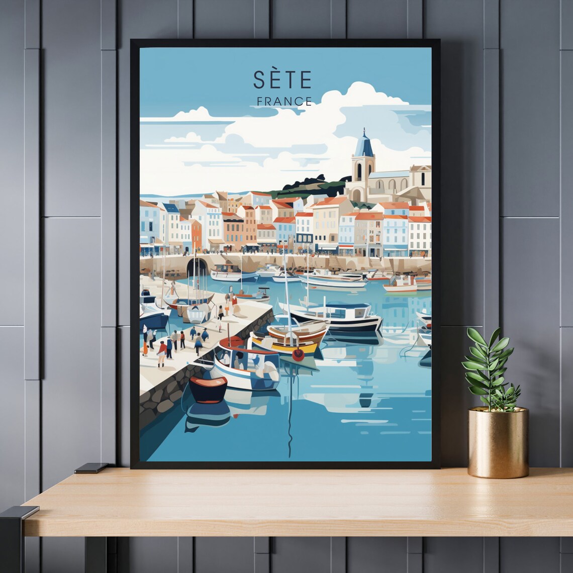 Sète France Mediterranean Harbor Boats Colorful Illustration Travel Poster