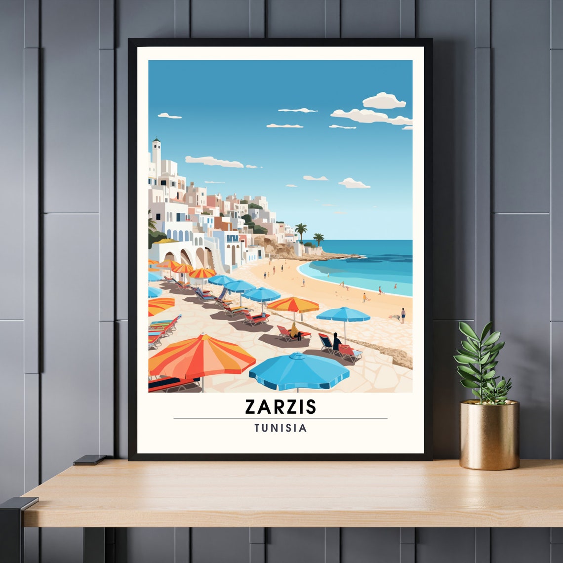 Zarzis Tunisia Sunny Beach Umbrellas Seaside Vintage Travel Poster