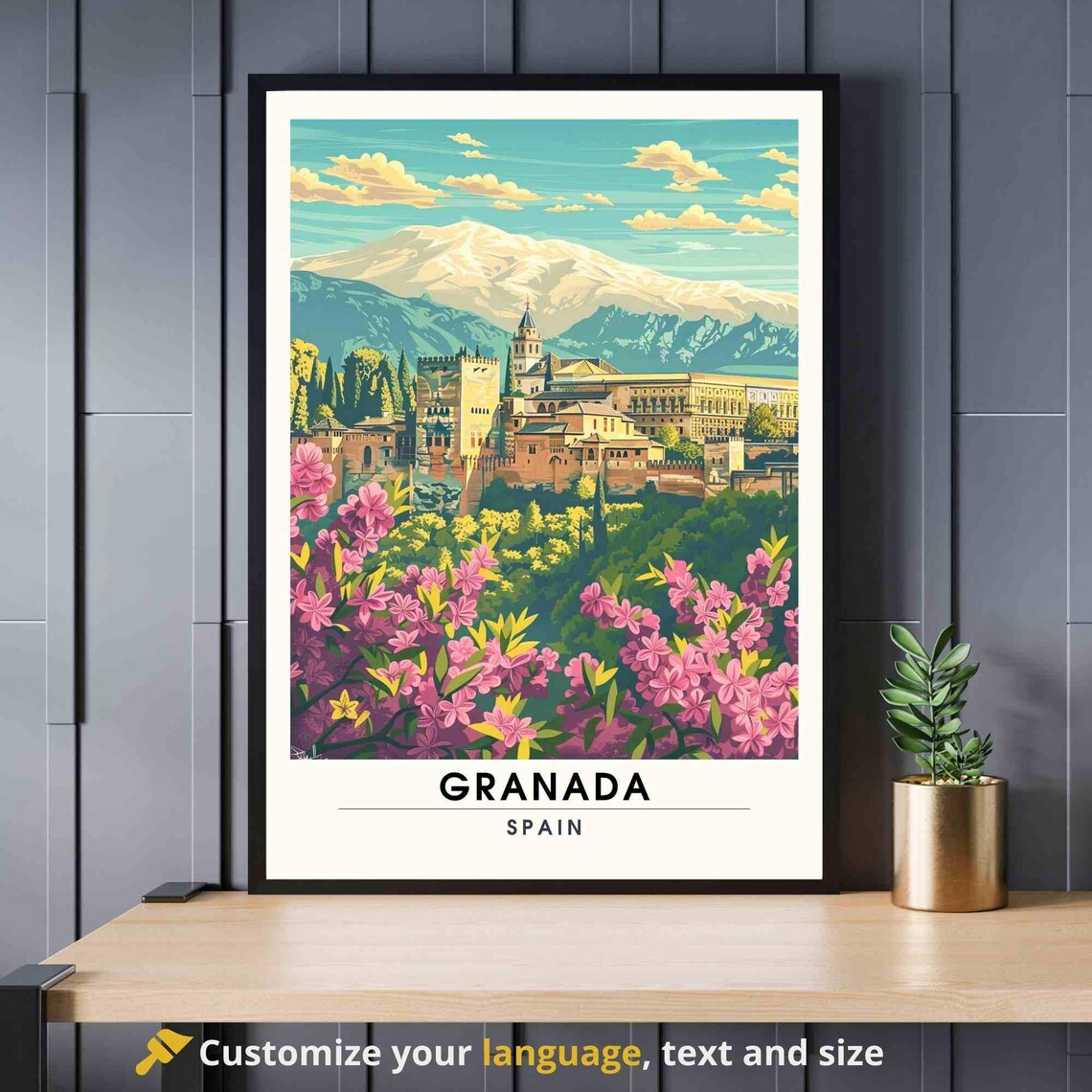 Granada Spain Travel Poster Historic Palace Mountains Pink Flowers Art