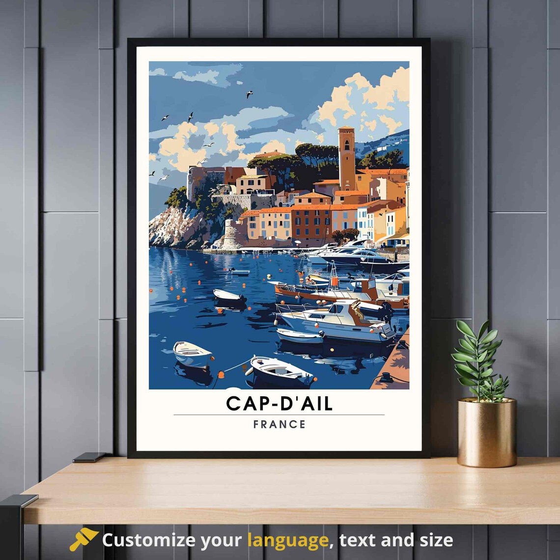 Cap-D'Ail France Old Harbor Boats Village Vintage Travel Poster