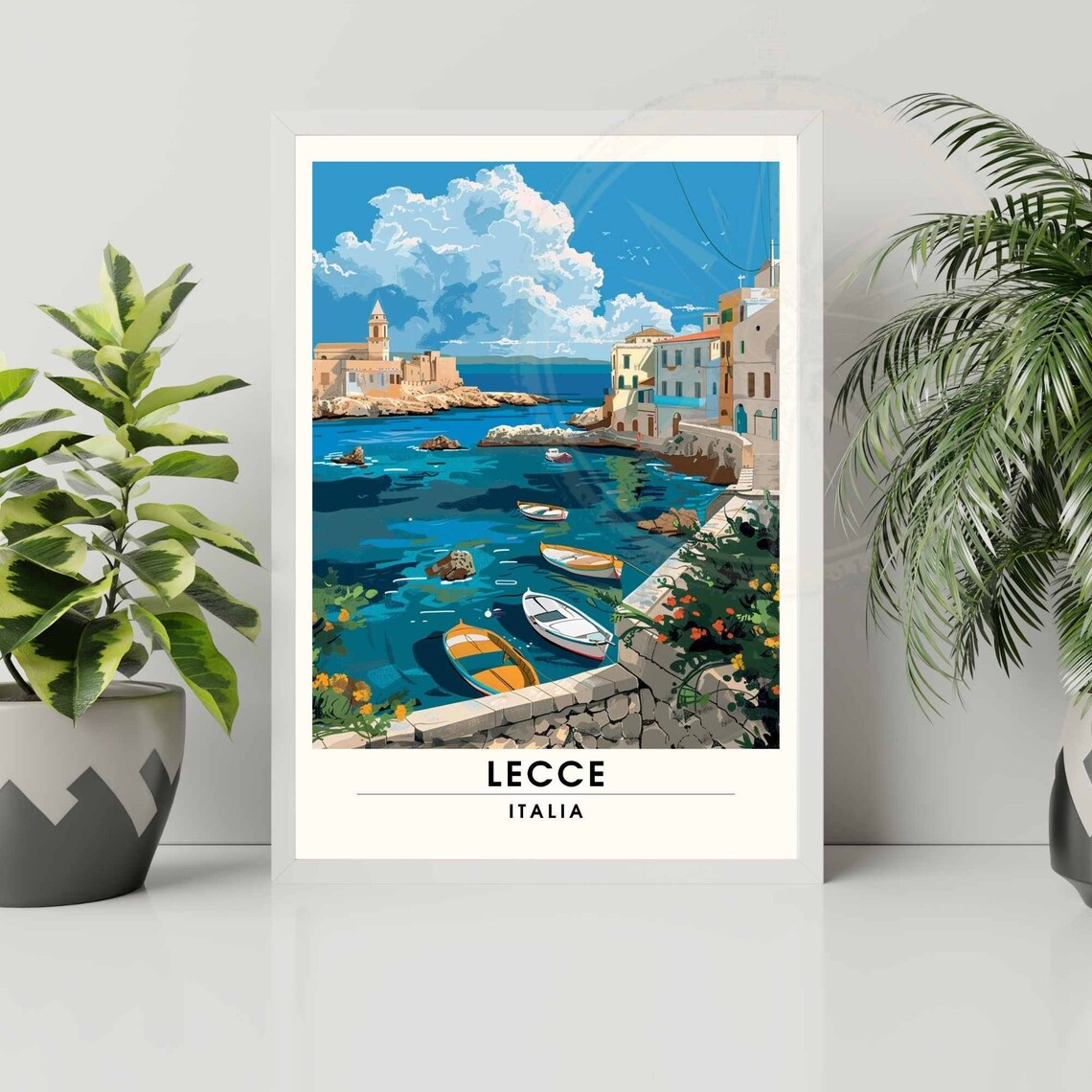 Lecce Italia Colorful Harbor Boats Coastal Town Travel Poster