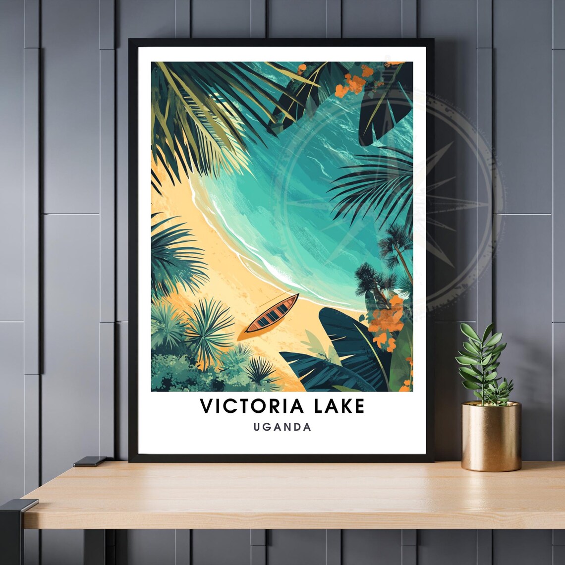 Victoria Lake Uganda Tropical Beach Canoe Palms Vintage Travel Poster