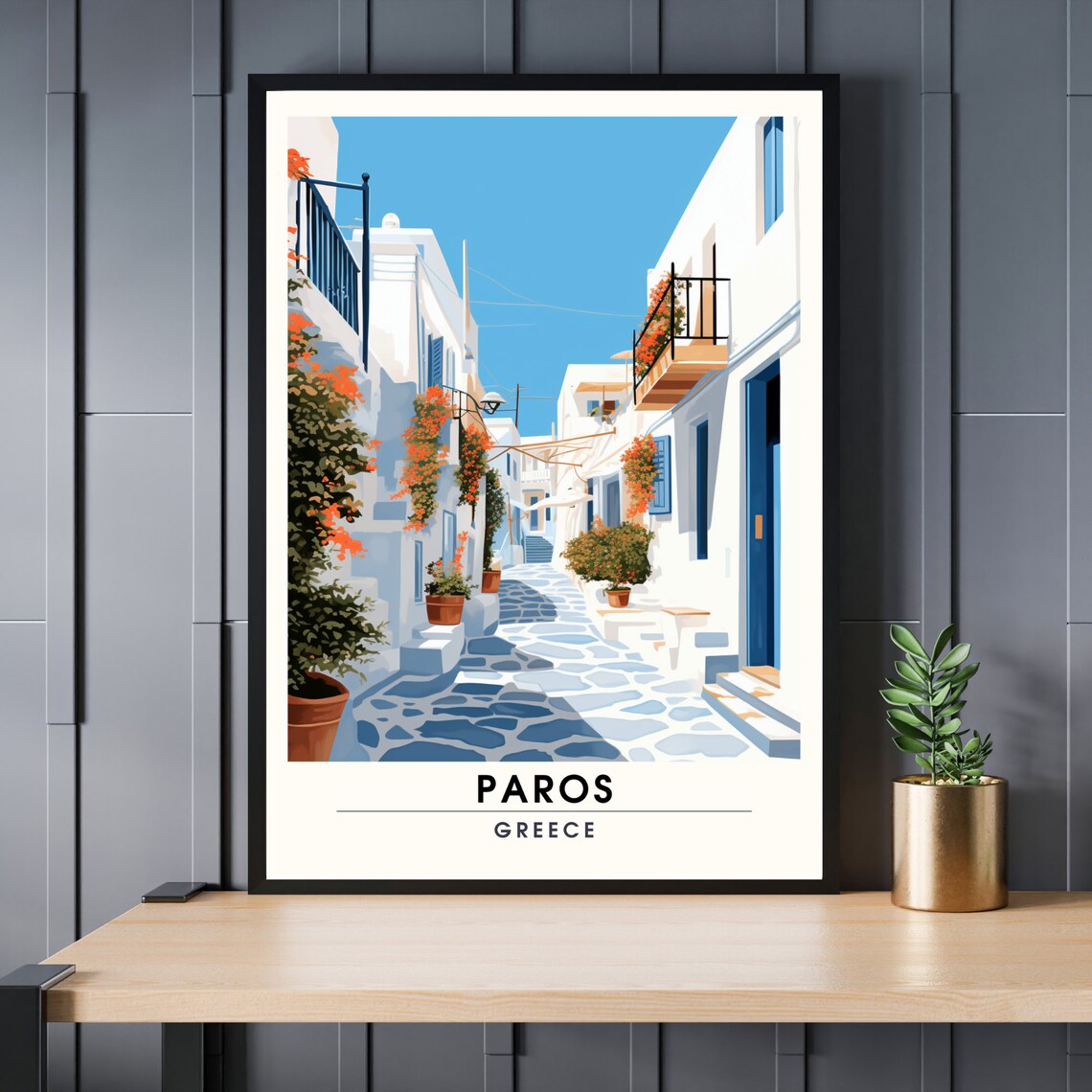 Paros Greece Whitewashed Street Bougainvillea Island Travel Poster