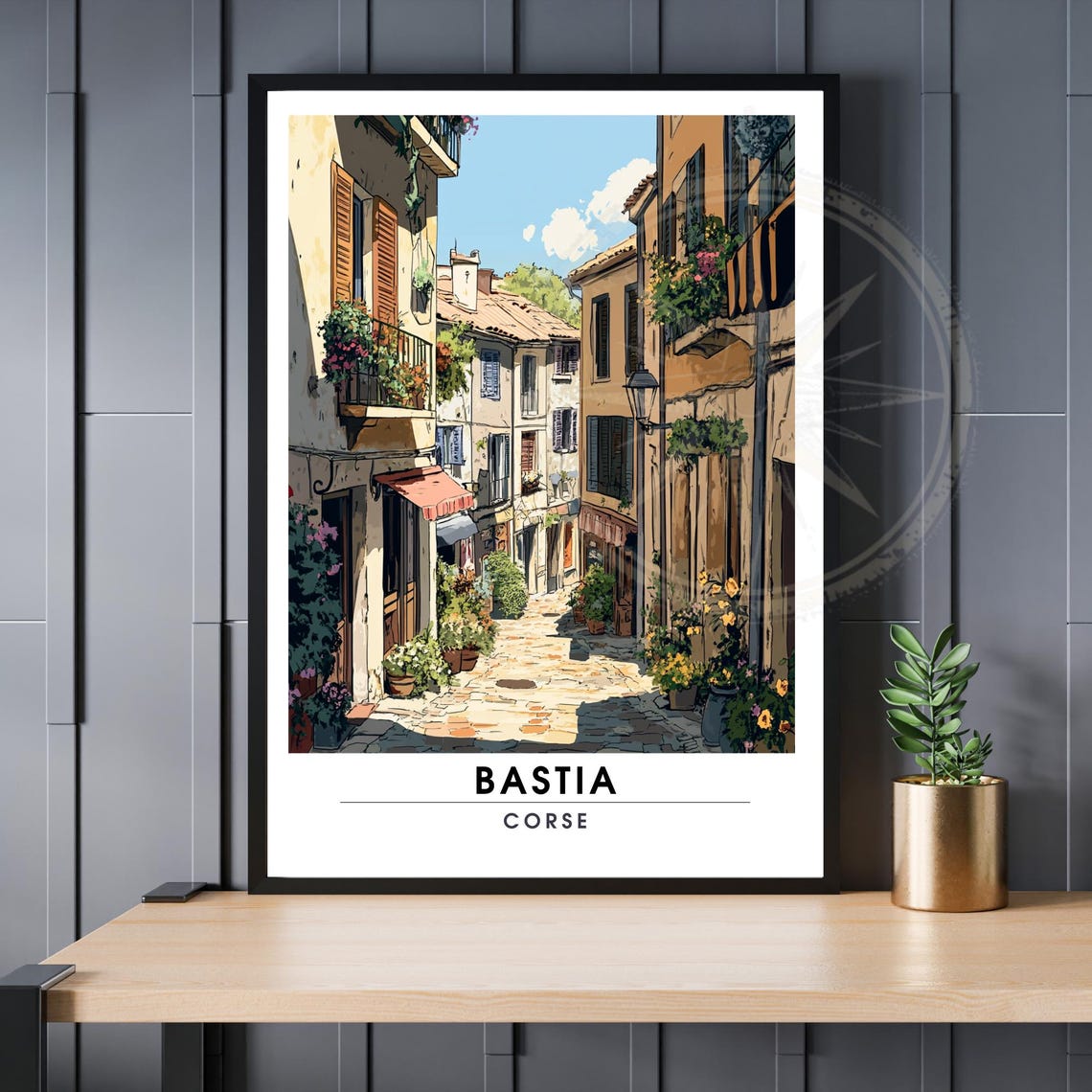 Bastia Corsica Cobblestone Street Flower Balconies Travel Poster