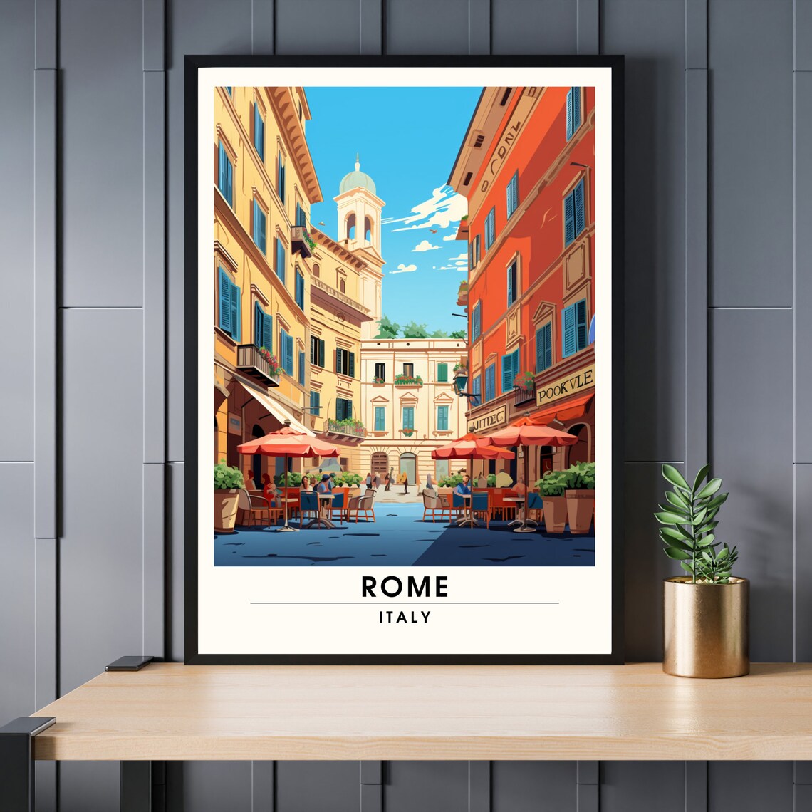 Rome Italy Piazza Umbrellas Bell Tower Sunlit Street Scene Poster