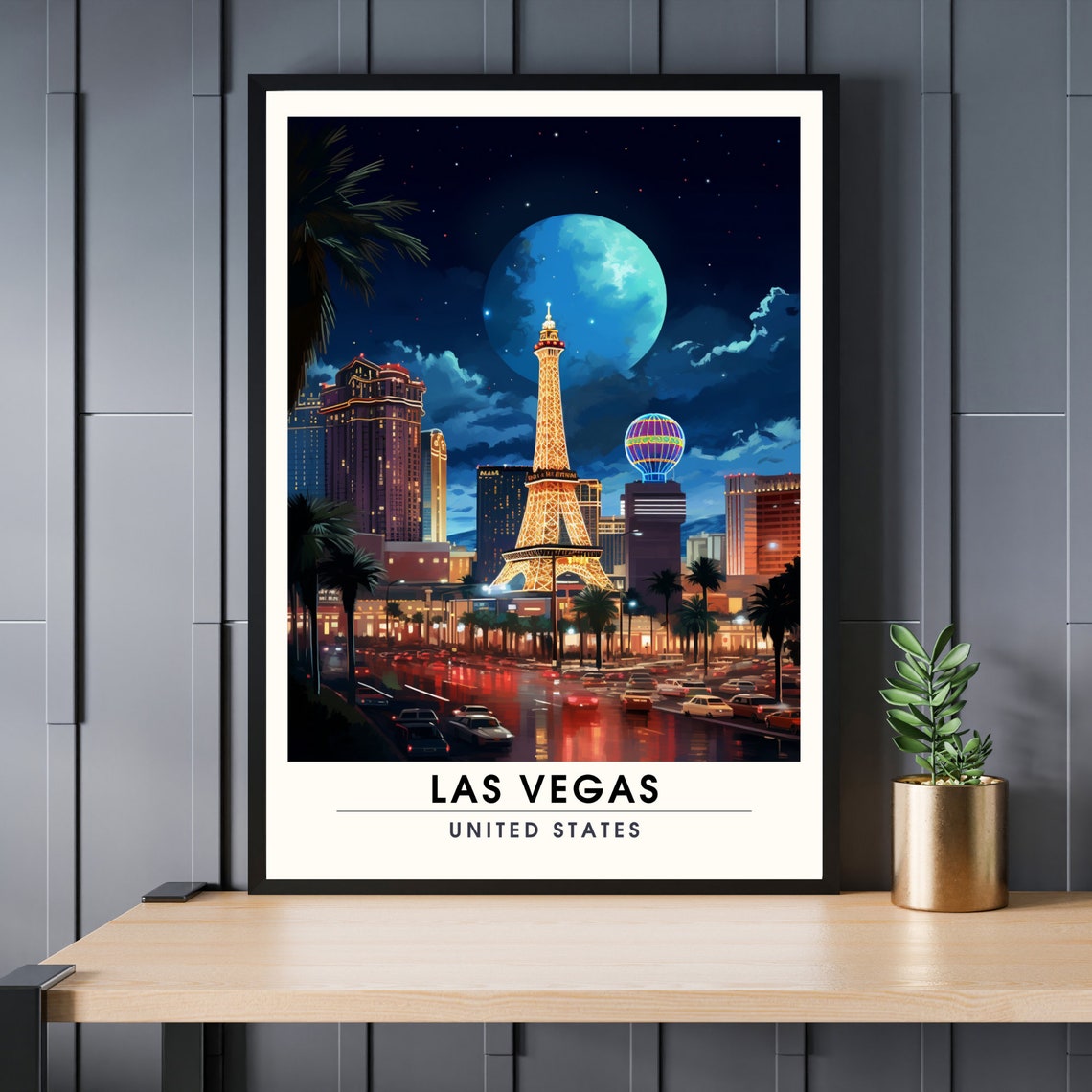Las Vegas Night Skyline Eiffel Tower Strip City Retro Travel Poster