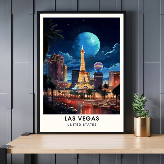 Las Vegas Night Skyline Eiffel Tower Strip City Retro Travel Poster