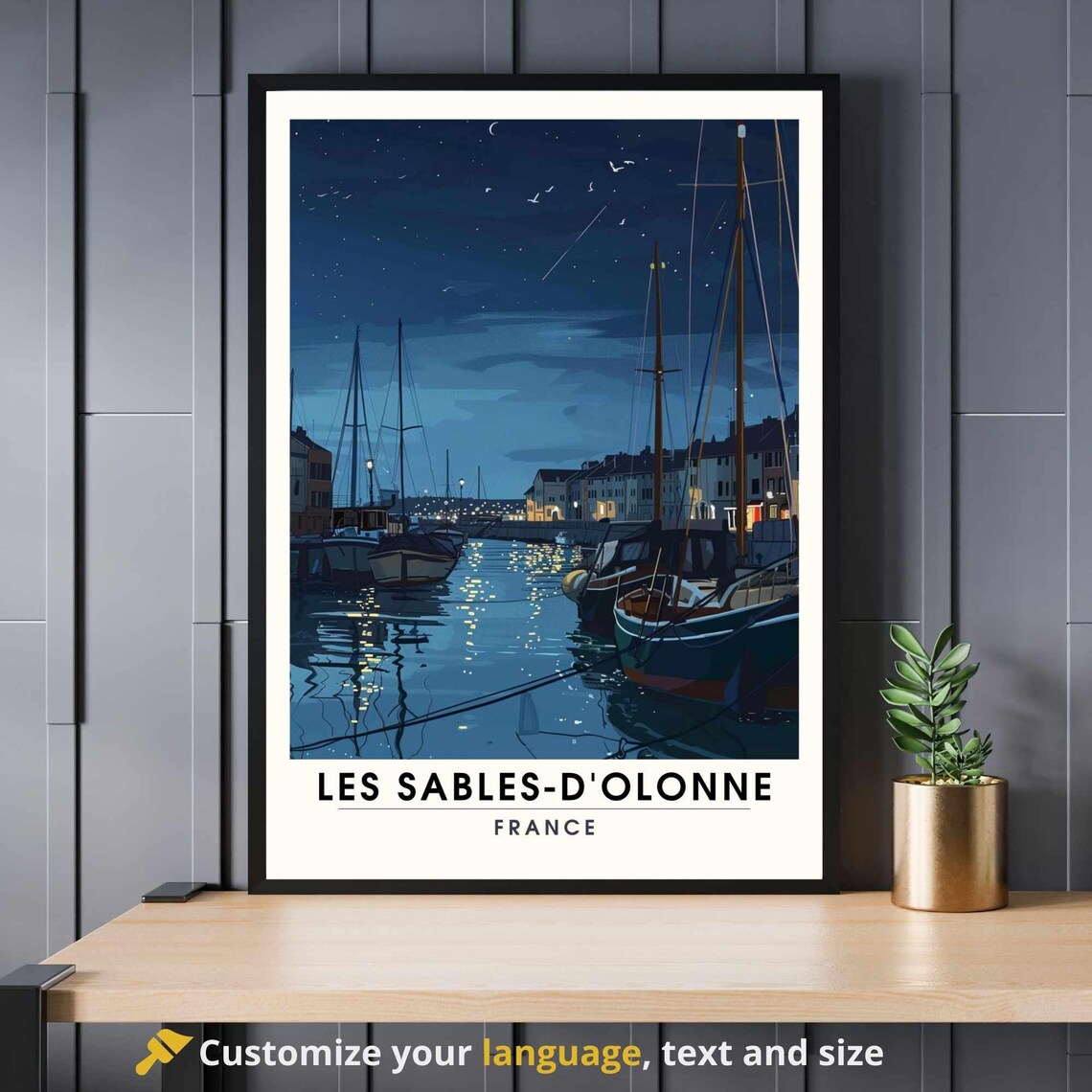 Les Sables d'Olonne France Night Harbor Boats Retro Travel Poster