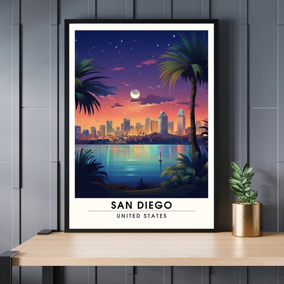 San Diego United States Night Skyline Travel Poster With Palms