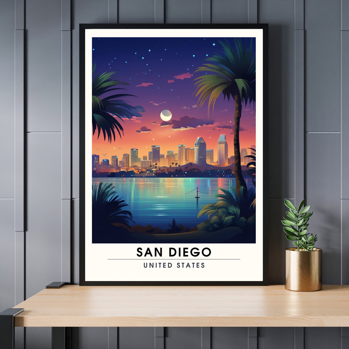 San Diego United States Night Skyline Travel Poster With Palms