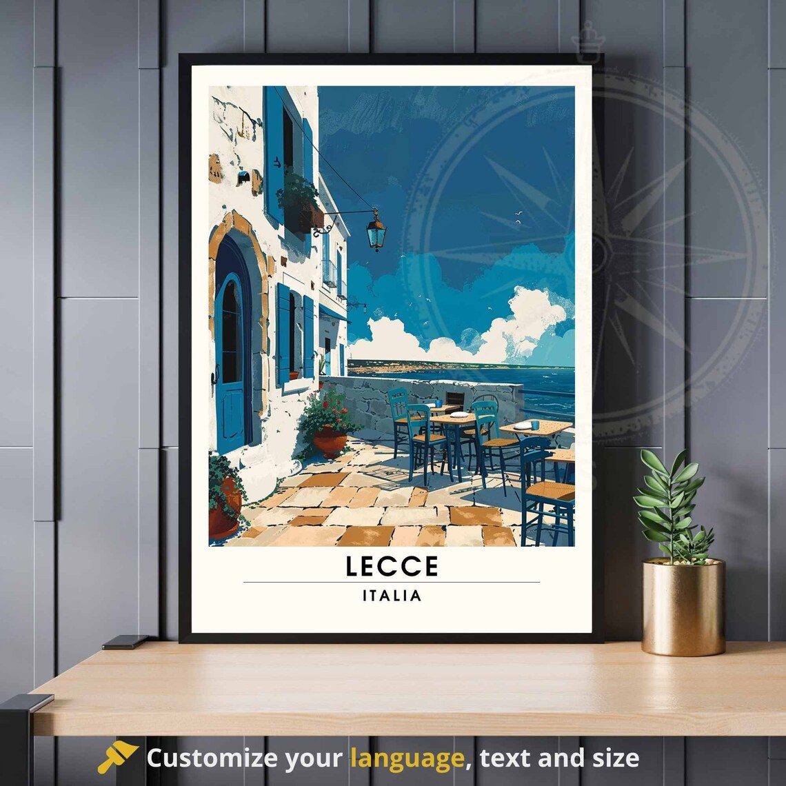 Lecce Italia Blue Shutters Coastal Terrace Sea View Travel Poster