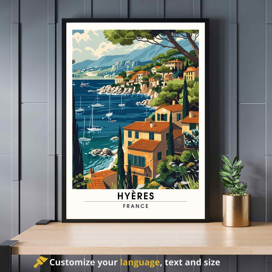 Hyeres France Mediterranean Coast Sailboats Vintage Travel Art Poster