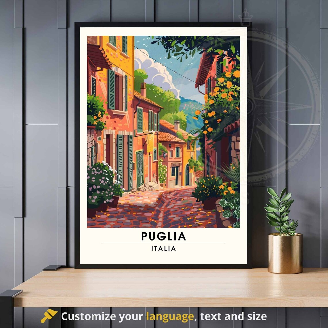 Puglia Italia Old Town Cobblestone Street Flower Travel Poster