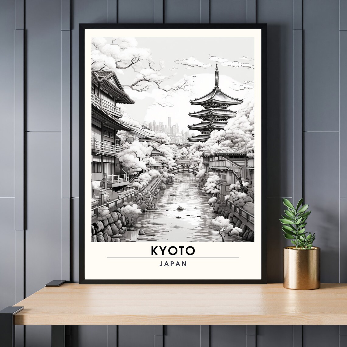 Kyoto Japan Pagoda Cherry Blossoms Monochrome Ink Travel Poster