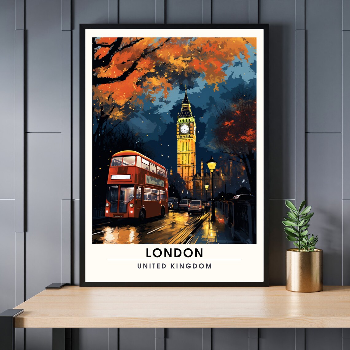 London United Kingdom Night Big Ben Red Bus Autumn Street Poster