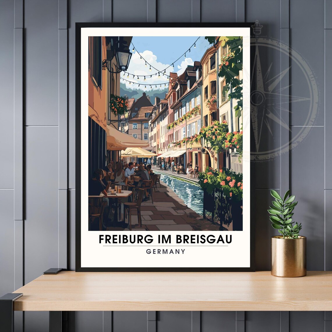Freiburg Im Breisgau Canal Side Street Cafes Vintage Summer Poster