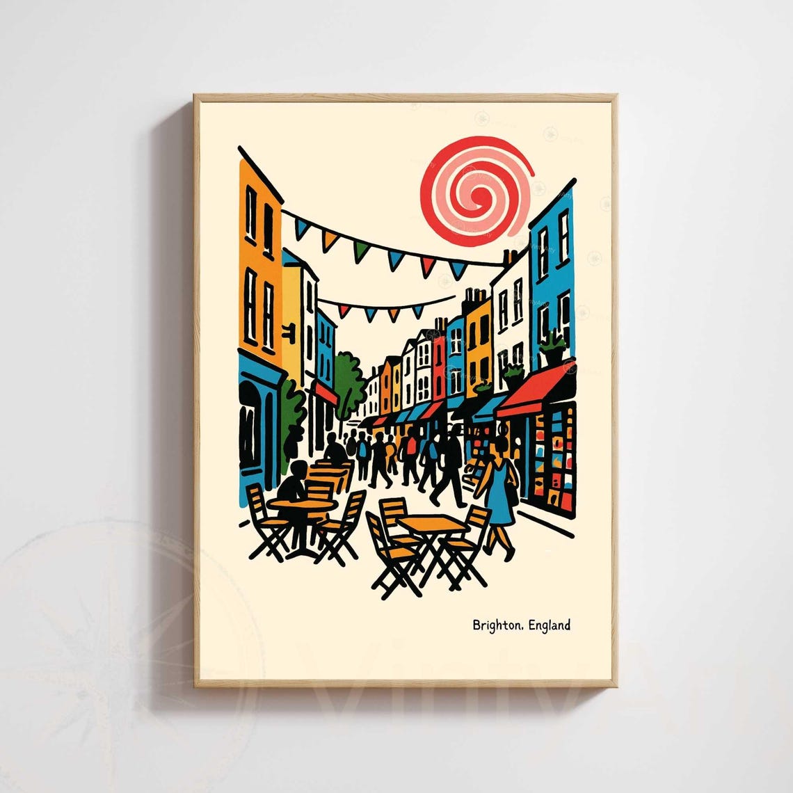 Brighton England Colorful Seaside Street Cafes Hand Drawn Poster