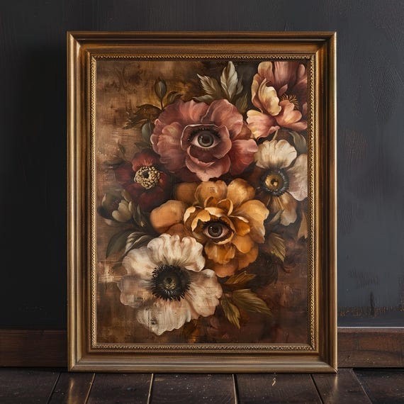Moody Vintage Creepy Floral Eye Art Print, Dark Academia