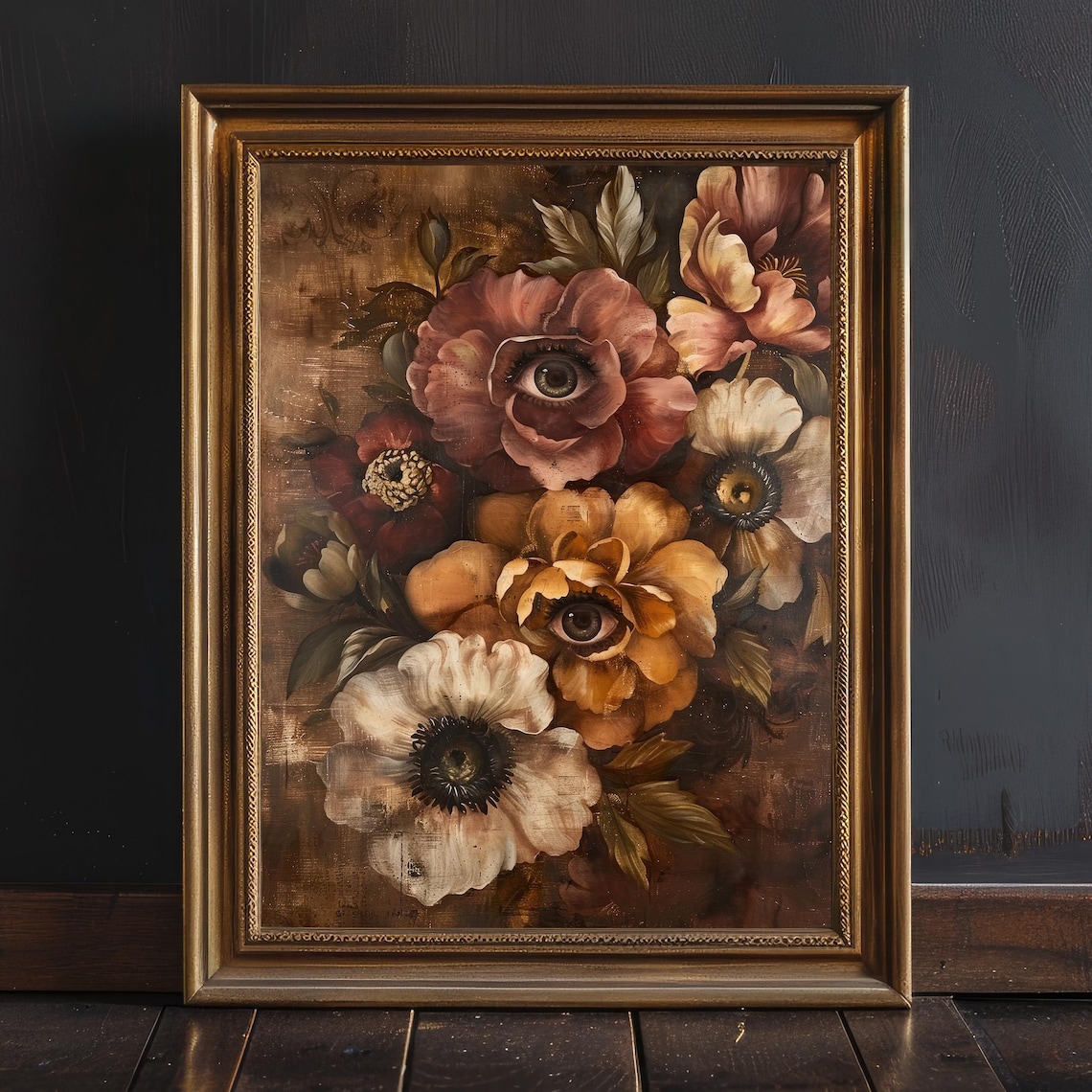 Moody Vintage Creepy Floral Eye Art Print, Dark Academia