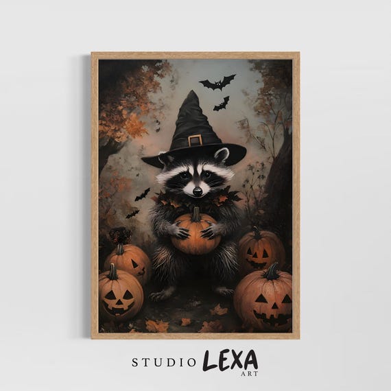 Halloween Raccoon Printed Wall Art Cute Witch With Pumpkin Poster Spooky Autumn Animal Decor Fall Print Nursery