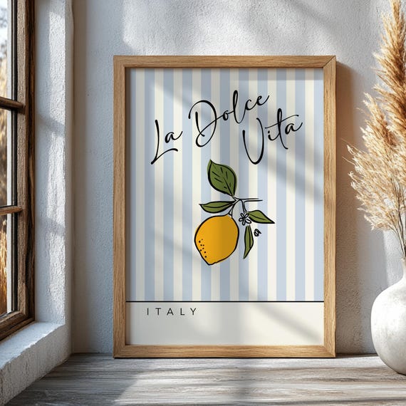 La Dolce Vita Printed Wall Art Striped Italian Poster Lemon Print Room Decor Mediterranean Kitchen Retro Summer