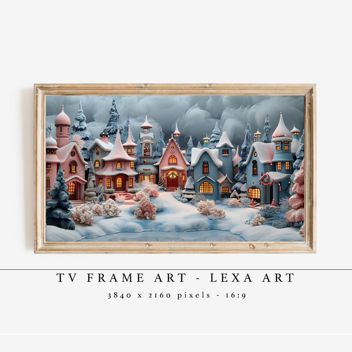 Pink Christmas Village Pastel Snowy Town Festive Holiday Art Poster