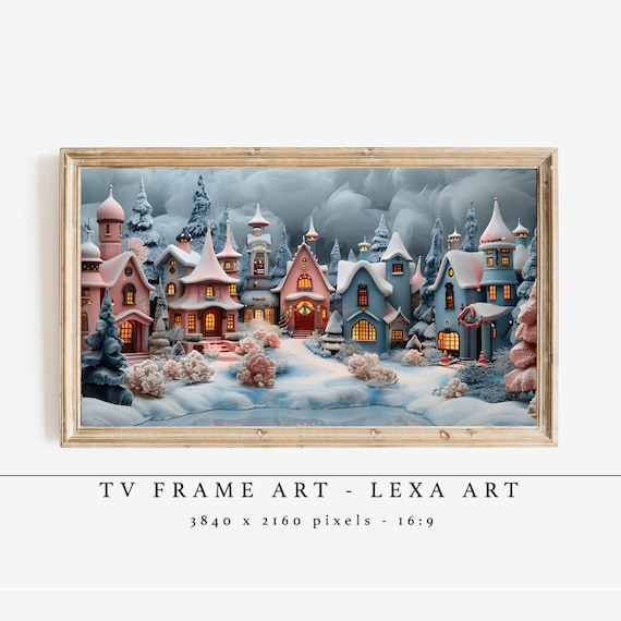 Pink Christmas Village Pastel Snowy Town Festive Holiday Art Poster