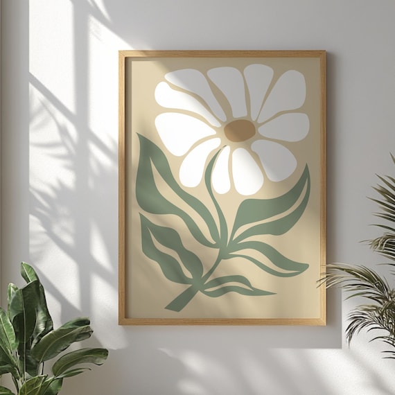 White Daisy Abstract Floral Beige Botanical Sage Green Minimal Art Poster