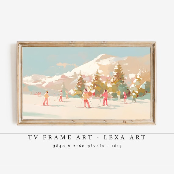 Pastel Ski Resort Winter Painting Skiers Snowy Mountain Holiday Poster