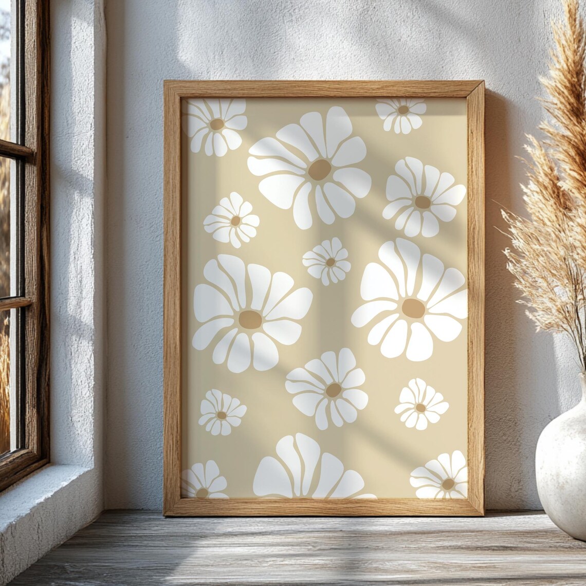 White Daisy Pattern Boho Floral Beige Scandinavian Minimalist Art Poster